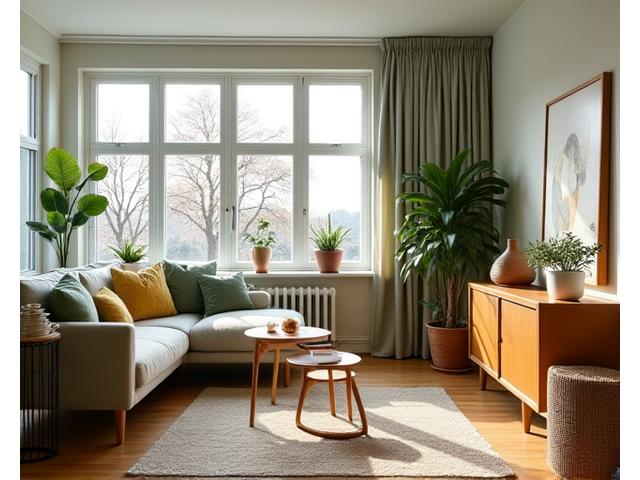 Moderne leilighetsinteriør på Grünerløkka med vintage møbler og grønne planter.