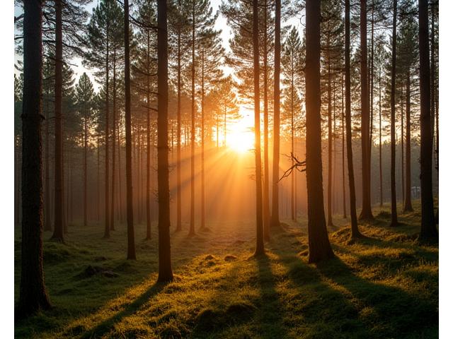 Norsk furuskog med morgensol, fremhever kortreiste og naturlige materialer.