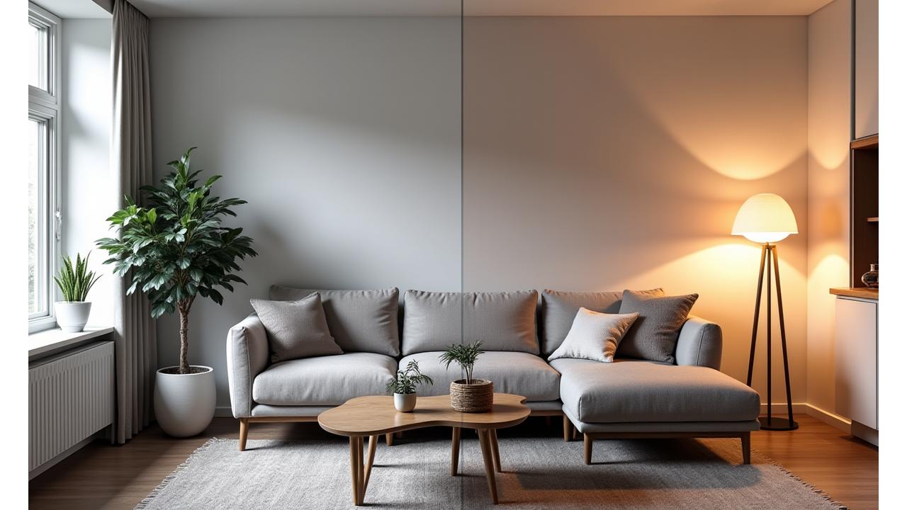 Et moderne interiør med to forskjellige belysningsløsninger vist side-om-side, en mørk og funksjonell og en lys og stemningsfull, som demonstrerer transformasjon av et rom