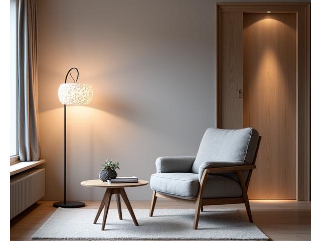 Stue med lagdelte lyskilder; gulvlampe, taklampe og indirekte belysning