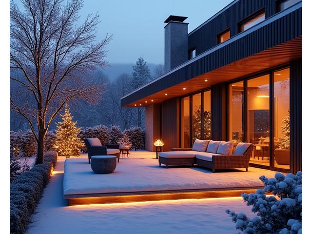 Moderne utebelysning langs en terrasse som skaper intim atmosfære om kvelden