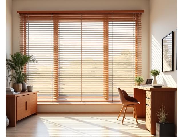 Horisontale trepersienner som filtrerer naturlig lys inn i et kontor
