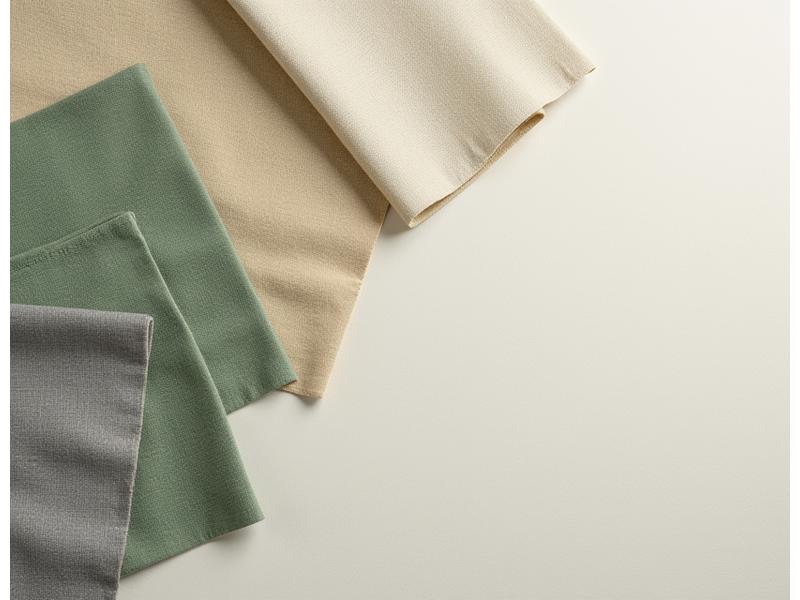 Nærbilde av ulike tekstilprøver, inkludert lin, bomull og tekniske stoffer, stablet elegant