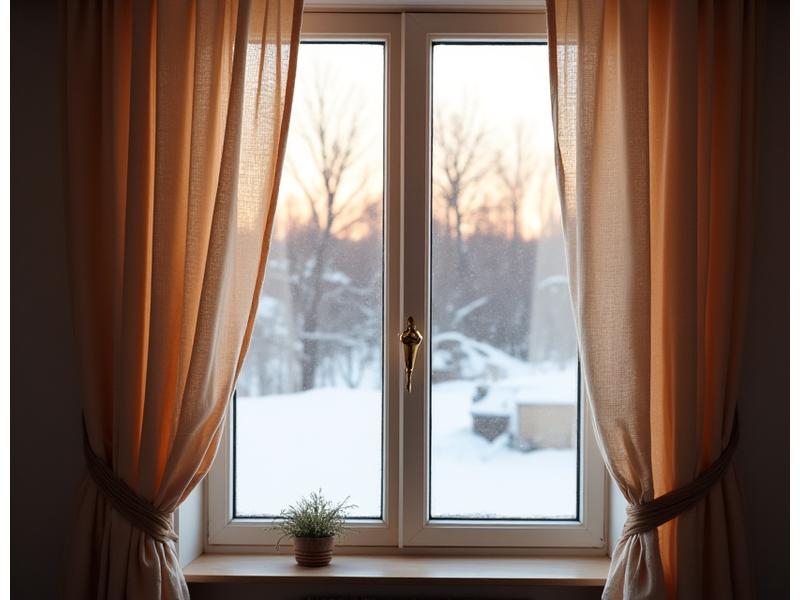 Et koselig stuevindu i Norge, med gardiner som slipper inn mykt vinterlys, snø utenfor