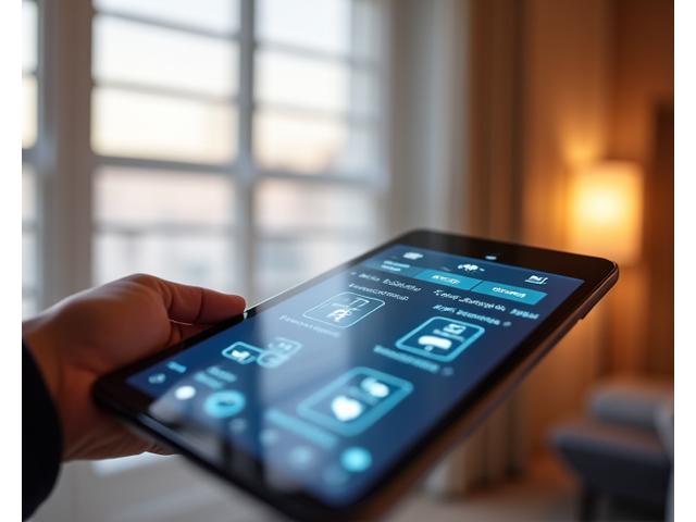 En moderne smarttelefon viser kontroller for motoriserte gardiner i et elegant hjem