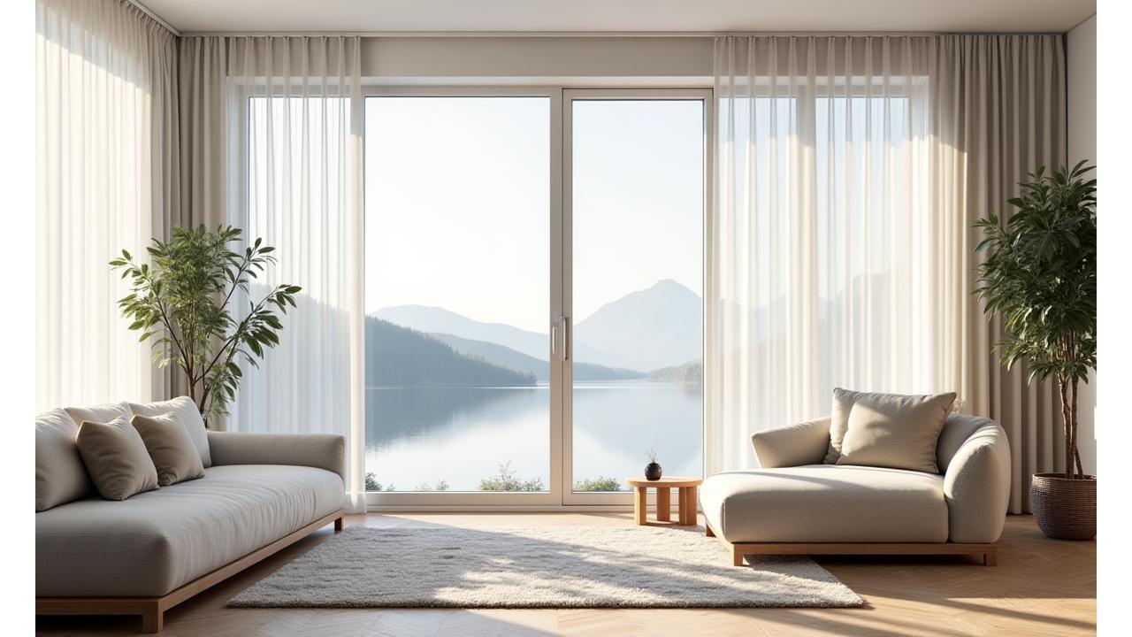 Stilrene plisségardiner i et moderne norsk hjem med utsikt over fjord