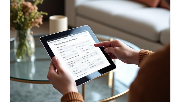Illustrasjon av en person som fyller ut et digitalt skjema på en tablet med elegant designerinteriør i bakgrunnen.