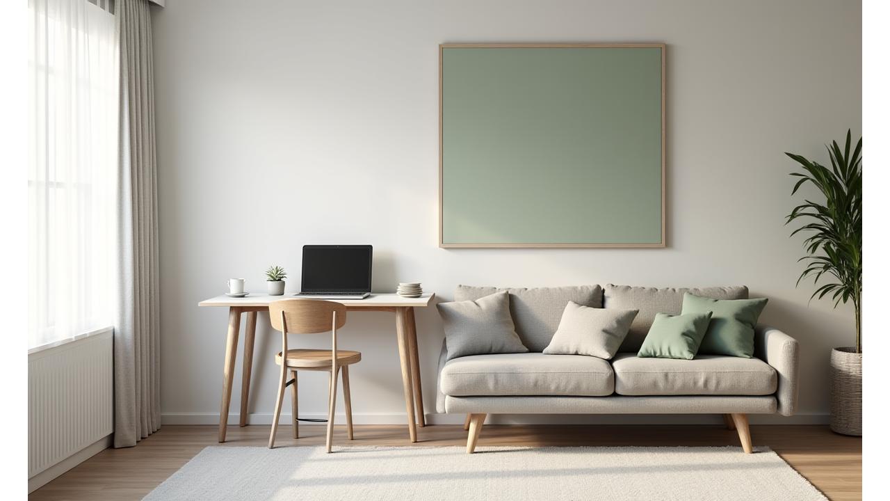 En moderne stue som enkelt forvandles til et funksjonelt hjemmekontor med et skjult skrivebord og ergonomisk stol, i en rolig fargepalett.