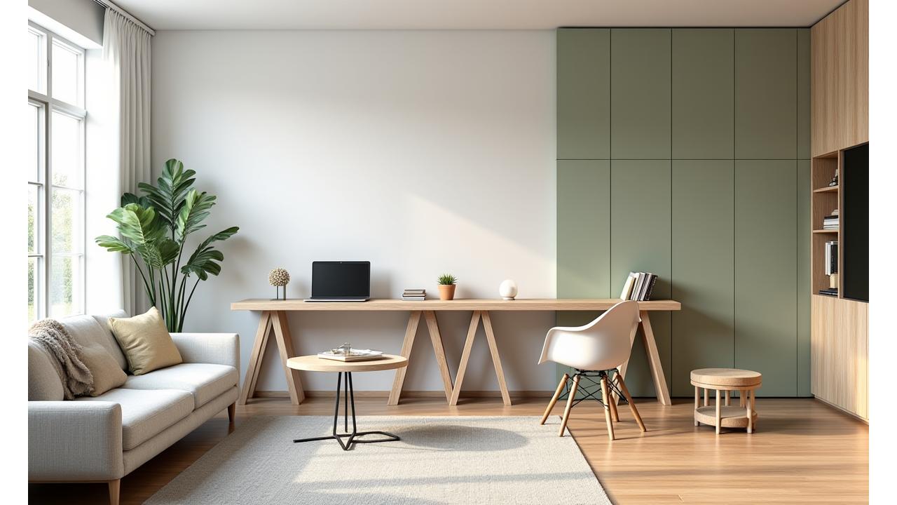 Interiør med modulære møbler som transformeres fra stue til hjemmekontor. Lyse farger og skandinavisk design.