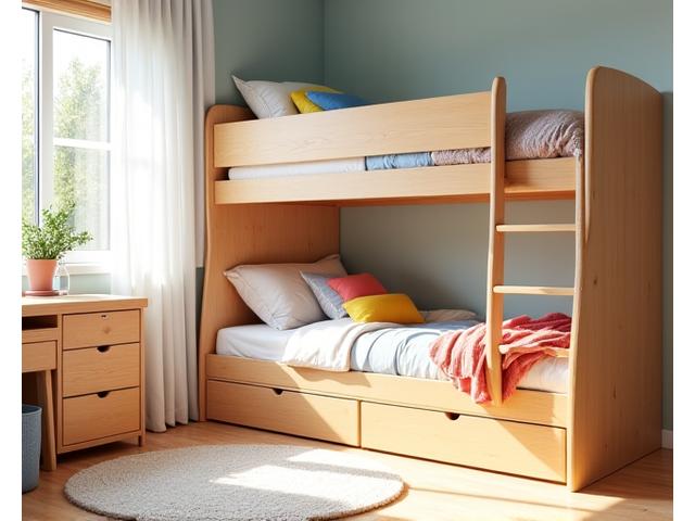 Et lyst og lekent barnerom med en skreddersydd seng med innebygd hylle og et lite skrivebord, med fargerike detaljer.