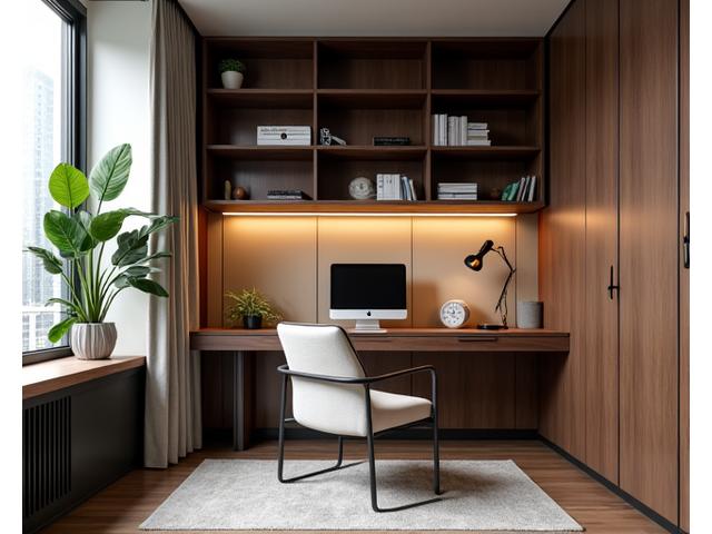 Et elegant hjemmekontor med et skreddersydd trebord, integrerte hyller og en komfortabel skinnstol, badet i naturlig lys.