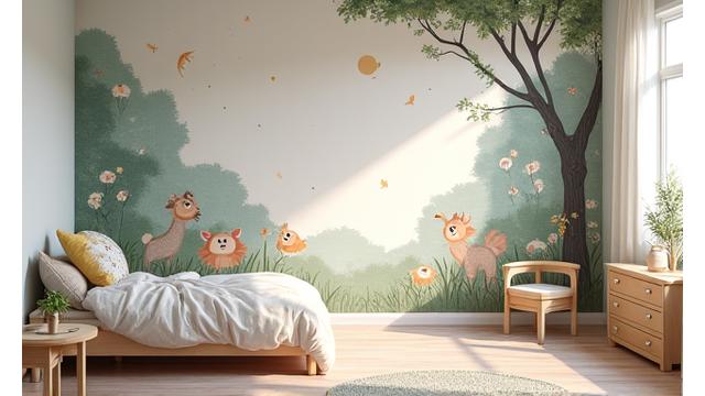 Lyst og lekent barnerom med en tapet som viser et eventyrlig skogsmotiv med vennlige dyr og trær