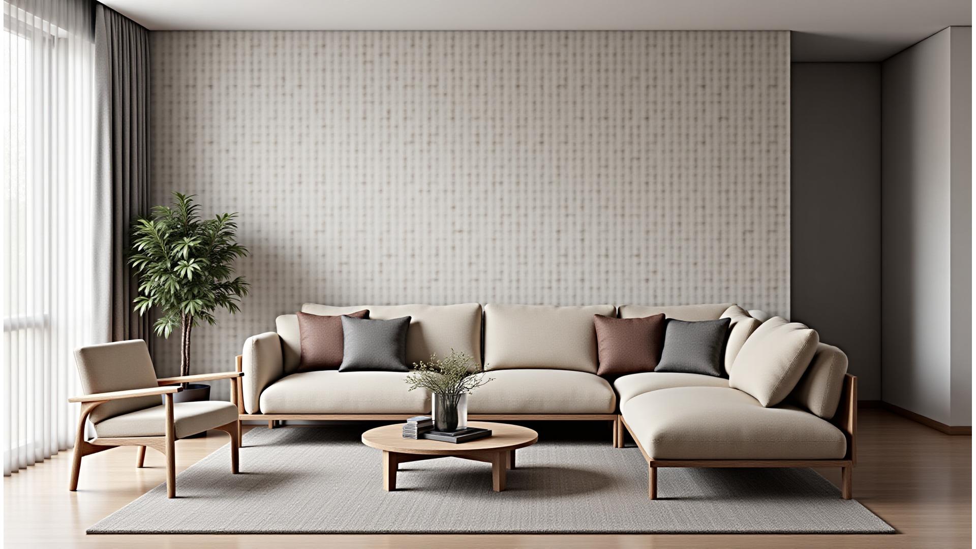 Stilig rom med en unik skreddersydd tapet som viser et abstrakt skandinavisk naturmønster, med dempet belysning og et hyggelig interiør