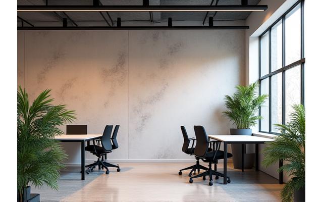 Geometrisk mural i et åpent kontorlandskap, med farger inspirert av firmaets merkevare og en moderne følelse