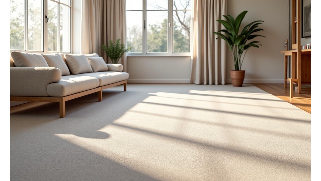 Et elegant, nylagt ullteppe i en minimalistisk, skandinavisk stue med naturlig lys, som utstråler varme.